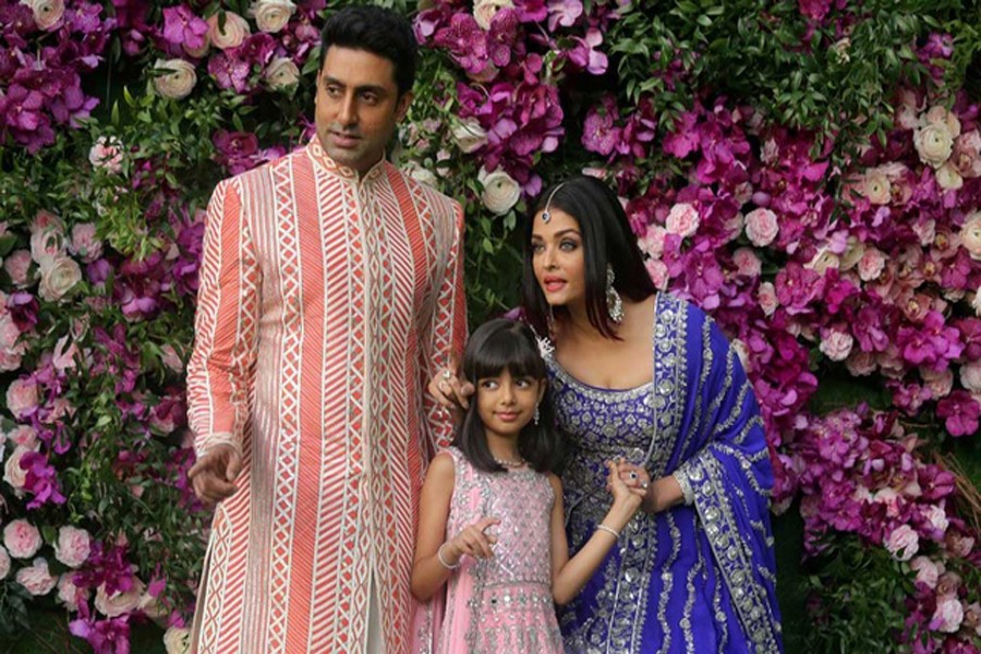 Indian film actor Abhishek Bachchan, his wife Aishwarya Rai and their daughter Aaradhya in a 2019 photograph taken at the wedding of Akash Ambani, the son of Reliance Industries chairman Mukesh Ambani, in Mumbai. REUTERS
