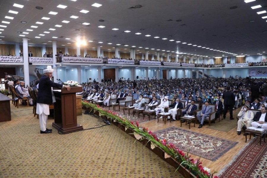 Afghanistan's President Ashraf Ghani speaks during a consultative grand assembly, known as Loya Jirga, in Kabul, Afghanistan, August 07, 2020 — Afghan Presidential Palace/Handout via Reuters
