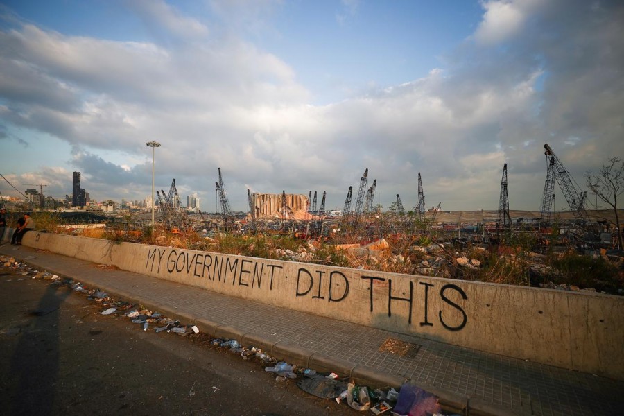 A view of graffiti at the damaged port area in the aftermath of a massive explosion in Beirut, Lebanon, August 11, 2020 — Reuters