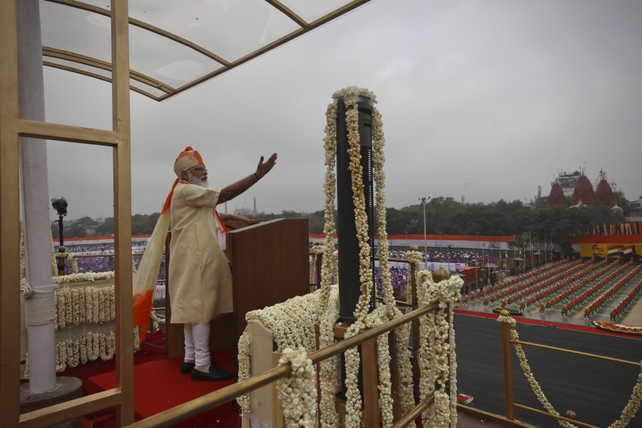 Indian Prime Minister Narendra Modi speaks from the ramparts of the historic Red Fort monument on Independence Day in New Delhi, India, Saturday, Aug 15, 2020. (AP Photo/Manish Swarup)