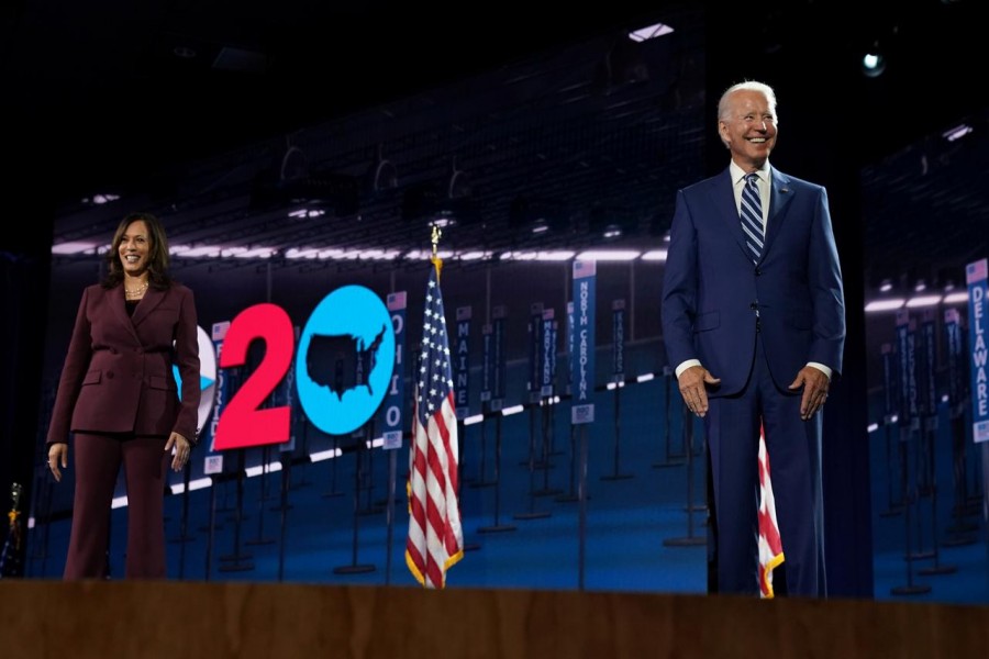 US Senator Kamala Harris (D-CA) is joined on stage by her running-mate, USDemocratic presidential nominee Joe Biden, after she accepted the Democratic vice presidential nomination during an acceptance speech delivered for the largely virtual 2020 Democratic National Convention from the Chase Center in Wilmington, Delaware, US, August 19, 2020 — Reuters