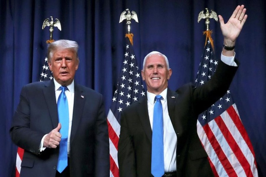US President Donald Trump gives a thumbs up as Vice President Mike Pence waves, following the President's address on the first day of the Republican National Convention after delegates voted to confirm him as the Republican 2020 presidential nominee for reelection, in Charlotte, North Carolina, US, August 24, 2020 — Reuters