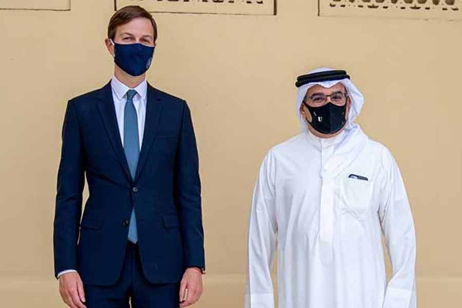 US President's senior adviser, Jared Kushner (L) and Bahrain's Crown Prince Salman bin Hamad Al Khalifa (R) posing for a press photo, during Kushner's visit to Manama, Bahrain on September 1 this year –Reuters Photo