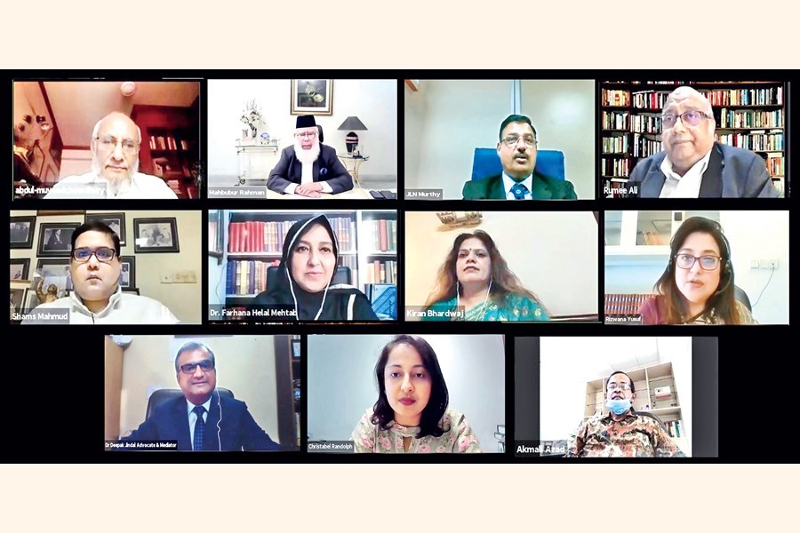 BIAC Chairman Mahbubur Rahman (top, 2nd from left) and panellist discussants take part in a webinar on 'Mediation before Arbitration or Litigation?' on Thursday, jointly organised by the Bangladesh International Arbitration Centre (BIAC) and the International Centre for Alternative Dispute Resolution (ICADR), India