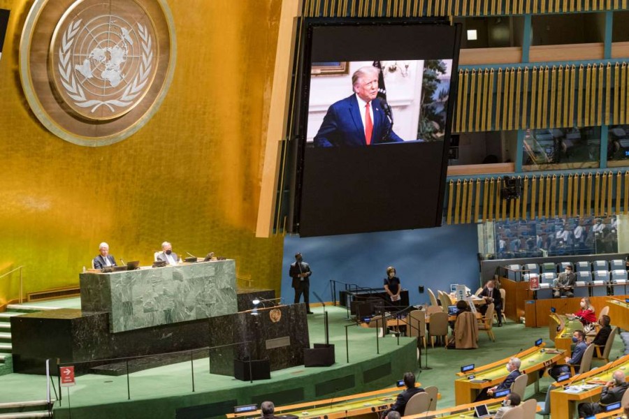 US President Donald Trump speaks during the 75th annual UN General Assembly, which is being held mostly virtually due to the coronavirus disease (Covid-19) pandemic in the Manhattan borough of New York City, New York, US on September 22, 2020 — United Nations/Handout via REUTERS