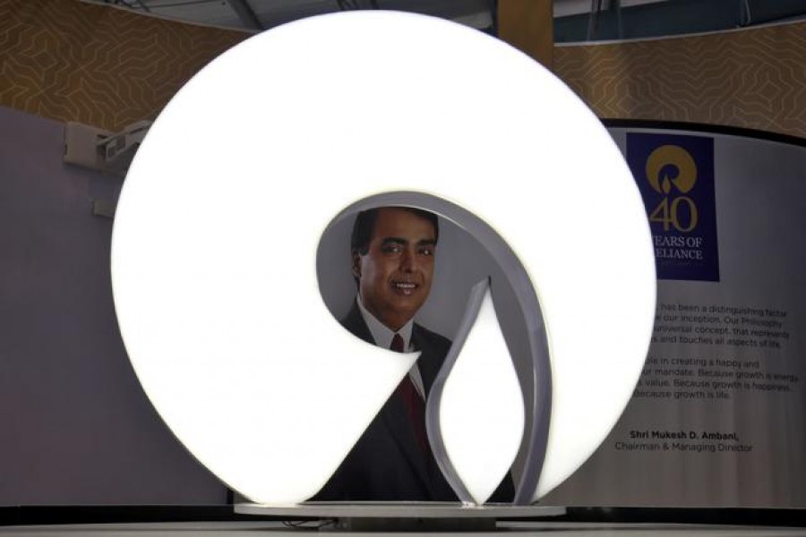 The logo of Reliance Industries is pictured in a stall at the Vibrant Gujarat Global Trade Show at Gandhinagar, India on January 17, 2019 — Reuters/Files