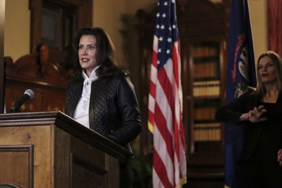 Michigan Governor Gretchen Whitmer speaks during a news conference after thirteen people, including seven men associated with the Wolverine Watchmen militia group, were arrested for alleged plots to take Whitmer hostage and attack the state capitol building, in Lansing, Michigan, US, October 8, 2020 —Michigan Governor's office/Handout via Reuters