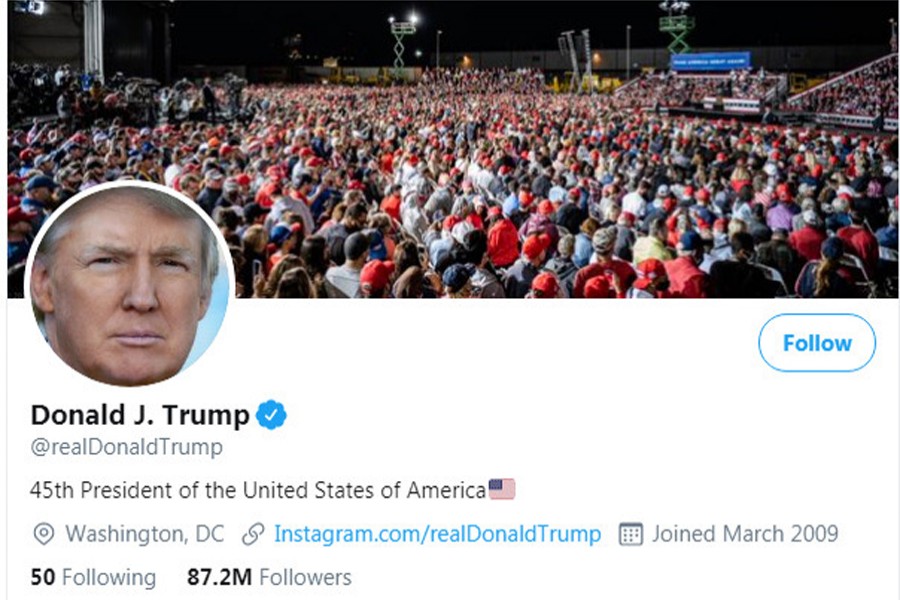 The masthead of US President Donald Trump's @realDonaldTrump Twitter account is seen on October 12, 2020