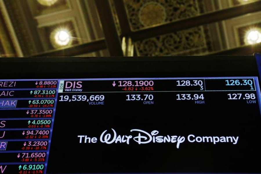 The logo of the Walt Disney Company is displayed above the floor of the New York Stock Exchange in New York, US on February 25, 2020 — Reuters/Files