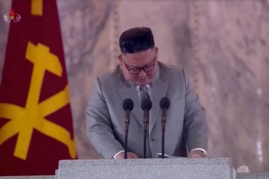 North Korean Leader Kim Jong Un reacts during a speech at a military parade marking 75th founding anniversary of Workers' Party of Korea, in this still image taken from video on October 12, 2020 — KRT TV via Reuters