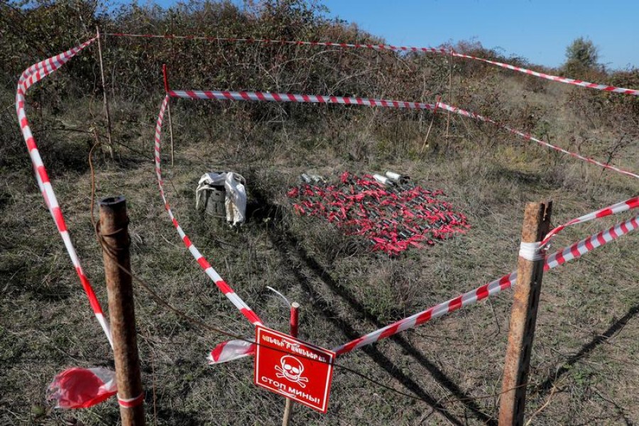Unexploded cluster bomblets collected after recent shelling during the military conflict over the breakaway region of Nagorno-Karabakh are seen on the outskirts of Stepanakert on October 12, 2020 — Reuters photo