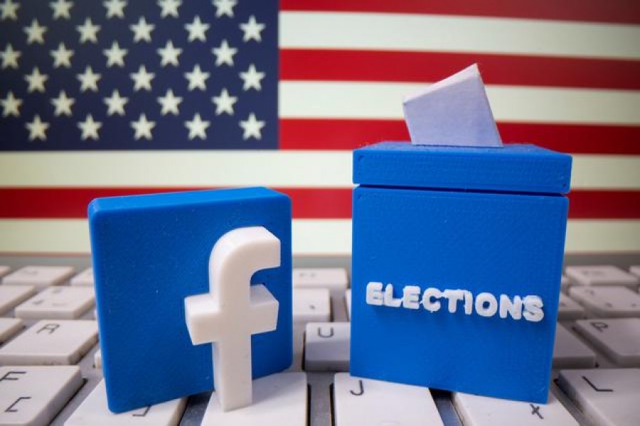 A 3D-printed elections box and Facebook logo are placed on a keyboard in front of US flag in this illustration taken October 6, 2020 — Reuters/Files