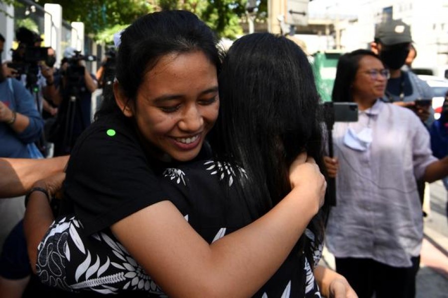 One of Thailand's protest leaders, Patsaravalee "Mind" Tanakitvibulpon reacts after she was freed on bail, in Bangkok Thailand October 22, 2020. REUTERS/Chalinee Thirasupa