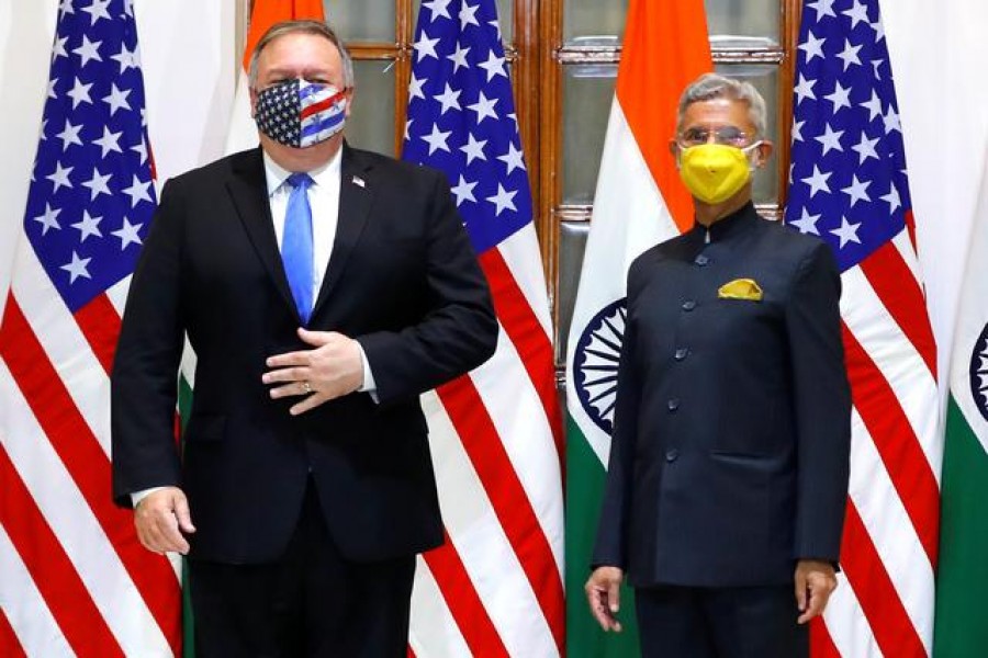 U.S. Secretary of State Mike Pompeo and India's Foreign Minister Subrahmanyam Jaishankar stand during a photo opportunity ahead of their meeting at Hyderabad House in New Delhi, India, October 26, 2020. REUTERS/Adnan Abidi/Pool