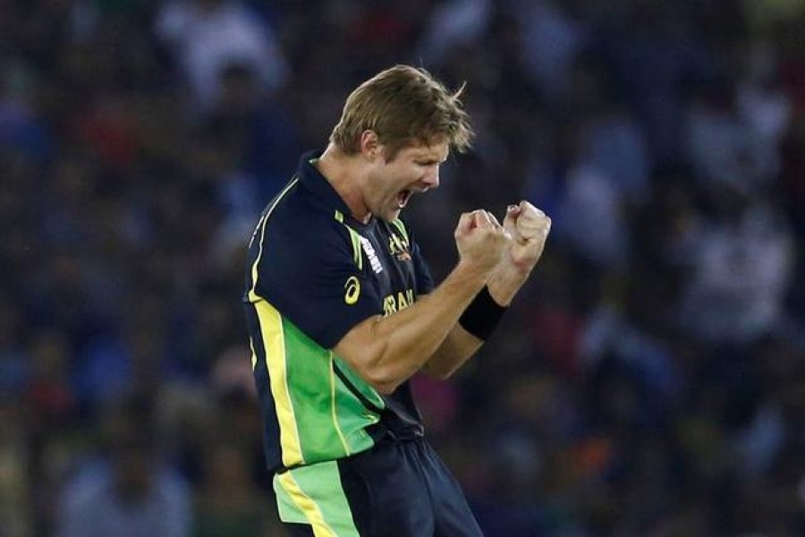 Australia's Shane Watson celebrates taking the wicket of Suresh Raina in Twenty20 clash against India, in Mohali, India on March 27, 2016 — Reuters/Files