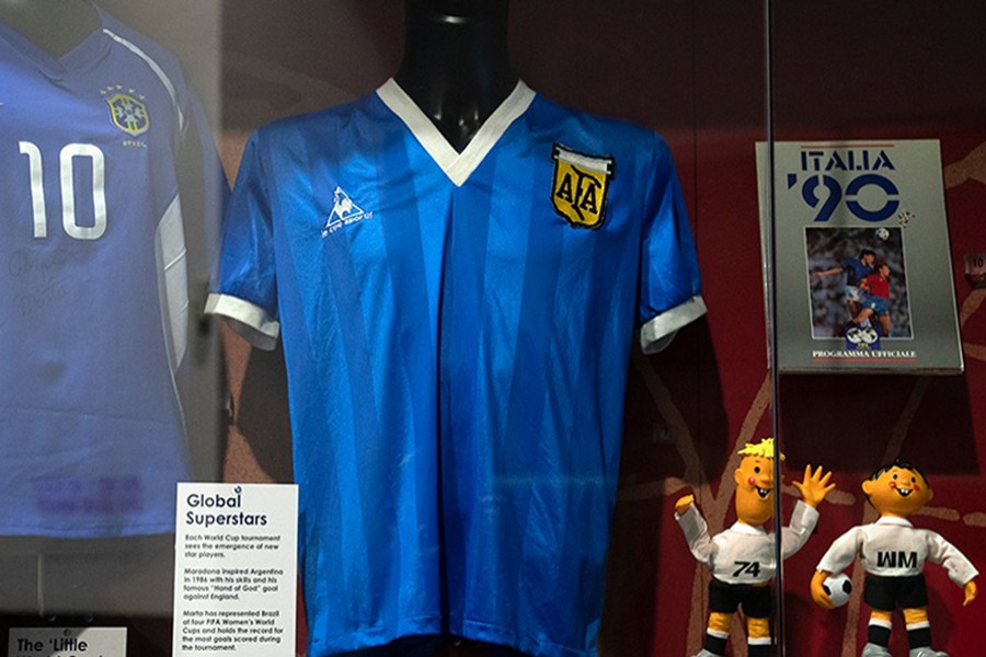 The shirt Diego Maradona wore when he played England in 1986 is currently on display at the National Football Museum in Manchester — AP/Files