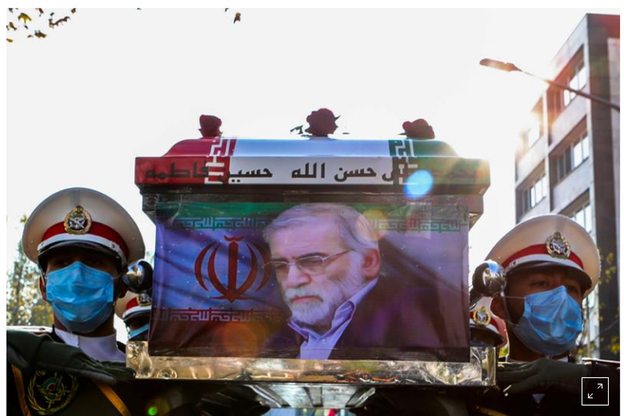 FILE PHOTO: Members of Iranian forces carry the coffin of Iranian nuclear scientist Mohsen Fakhrizadeh during a funeral ceremony in Tehran, Iran November 30, 2020. Iranian Defense Ministry/ WANA (West Asia News Agency)/Handout via REUTERS