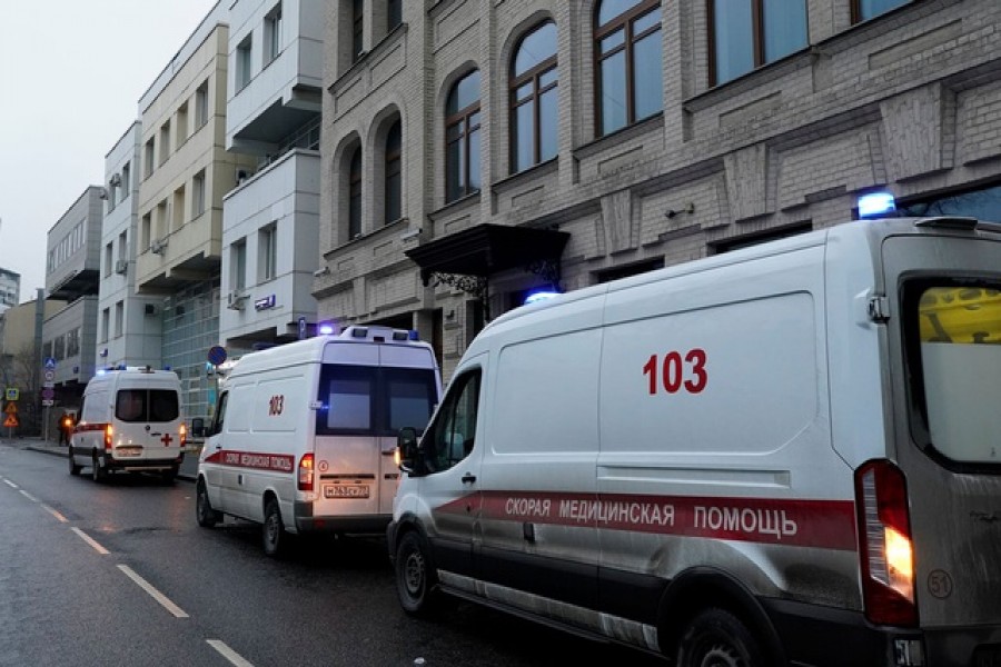 Ambulances are seen near City Polyclinic Number 3, where Russia's "Sputnik V" vaccine against the coronavirus disease (COVID-19) is being tested in Moscow Nov 28, 2020. REUTERS