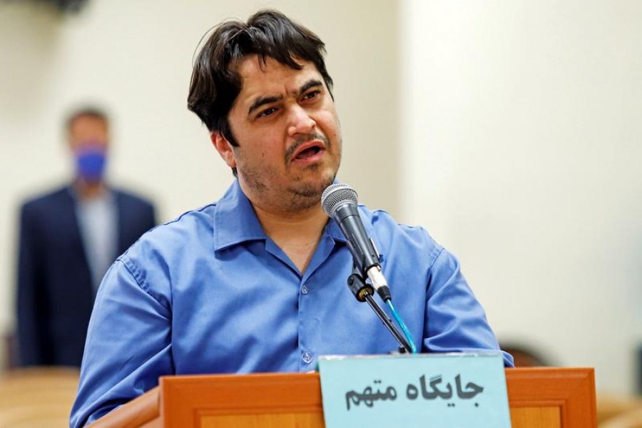 Ruhollah Zam, a dissident journalist who was captured in what Tehran calls an intelligence operation, speaks during his trial in Tehran, Iran June 2, 2020. Mizan News Agency/WANA (West Asia News Agency) via REUTERS