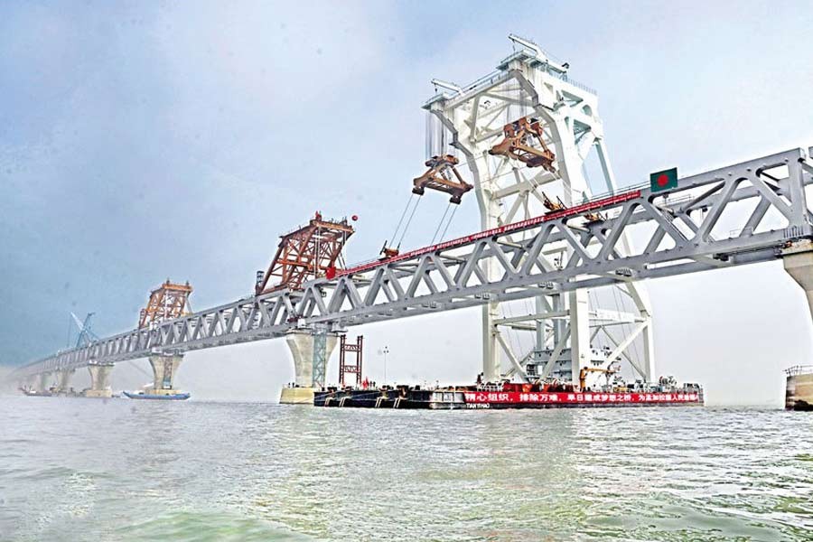 The 41st span of the Padma Bridge, the last of its kind, being installed on December 10 to make the full length of the structure visible — FE file photo