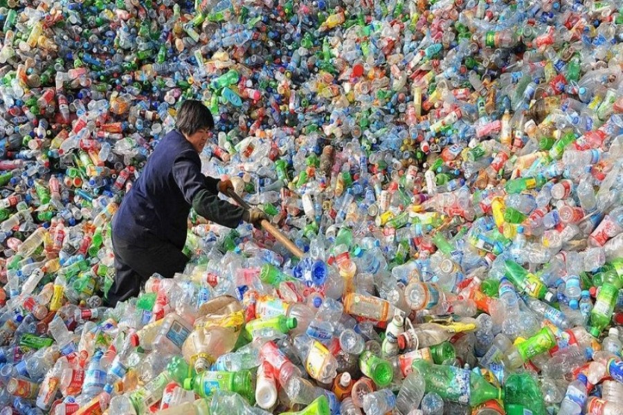 A Chinese labourer was pictured sorting out plastic bottles for recycling in China - Reuters