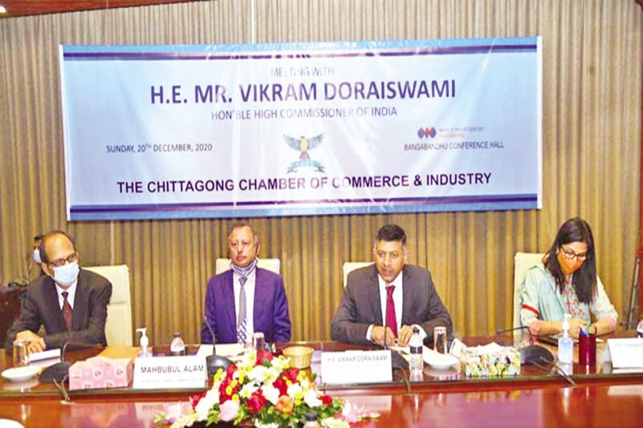 Indian High Commissioner to Bangladesh Vikram Doraiswami at a meeting with Chittagong Chamber of Commerce and Industry (CCCI) in Chattogram city on Sunday