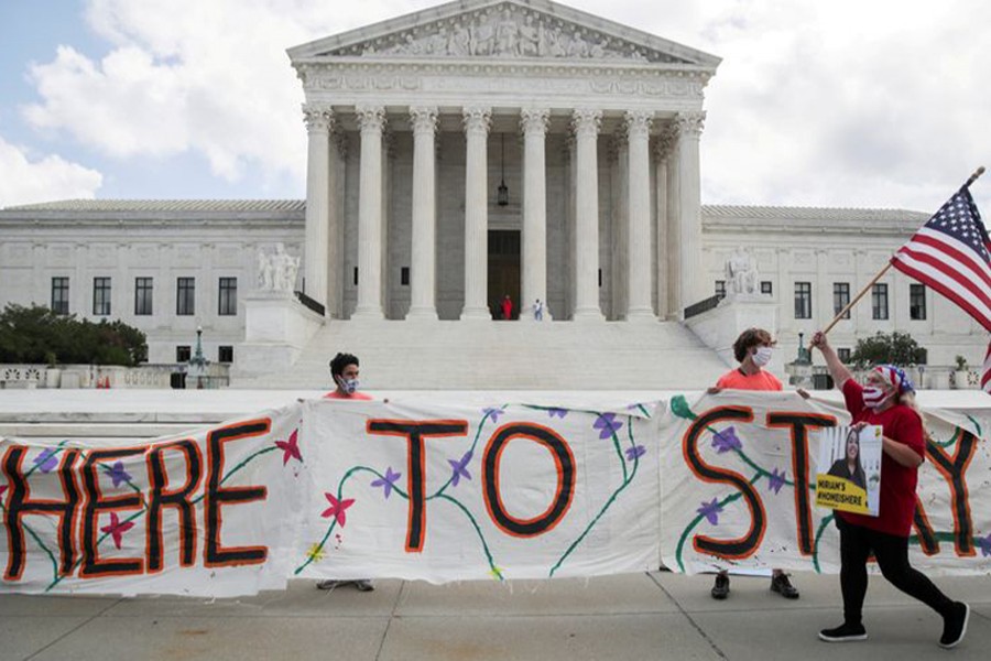 DACA recipients and their supporters celebrate outside the US Supreme Court after the court ruled in a 5-4 vote that US President Donald Trump's 2017 move to rescind the Deferred Action for Childhood Arrivals (DACA) programme, created in 2012 by his Democratic predecessor Barack Obama, was unlawful, in Washington, US on June 18, 2020 — Reuters/Files