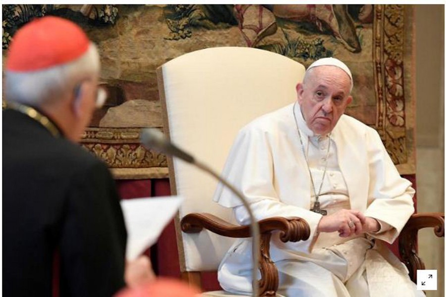 File photo/Reuters: Pope Francis listens during the traditional greetings to the Roman Curia at the Vatican, December 21, 2020