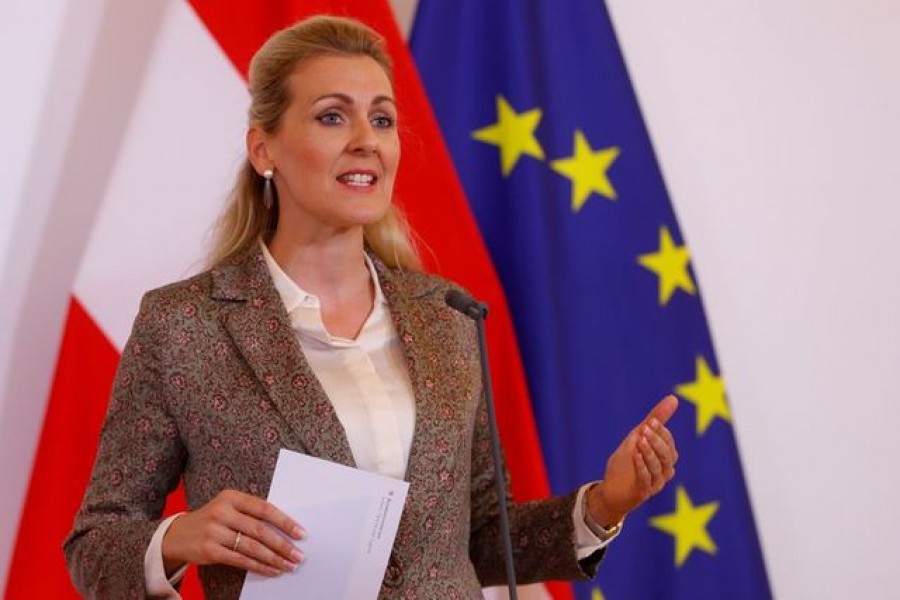 Austrian Family Minister Christine Aschbacher talks to the media during the coronavirus disease (Covid-19) outbreak in Vienna, Austria on June 15, 2020 — Reuters/Files