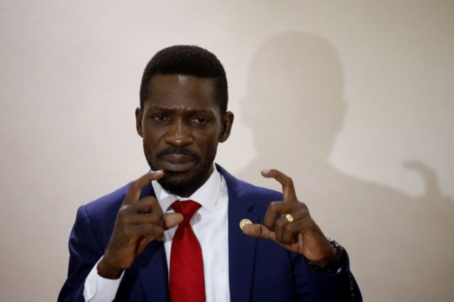 Ugandan opposition presidential candidate Robert Kyagulanyi, also known as Bobi Wine, speaks during a press conference with other opposition leaders in Kampala, Uganda January 12, 2021. REUTERS/Baz Ratner