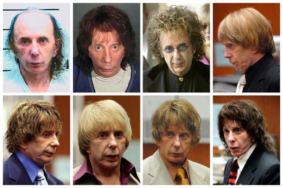 Music producer Phil Spector is pictured wearing a variety of wigs during his murder trial in this combination image made from file photos. Spector, 69, was sentenced to at least 19 years in prison for the 2003 murder of a Hollywood actress and could spend the rest of his life behind bars – Reuters/Files