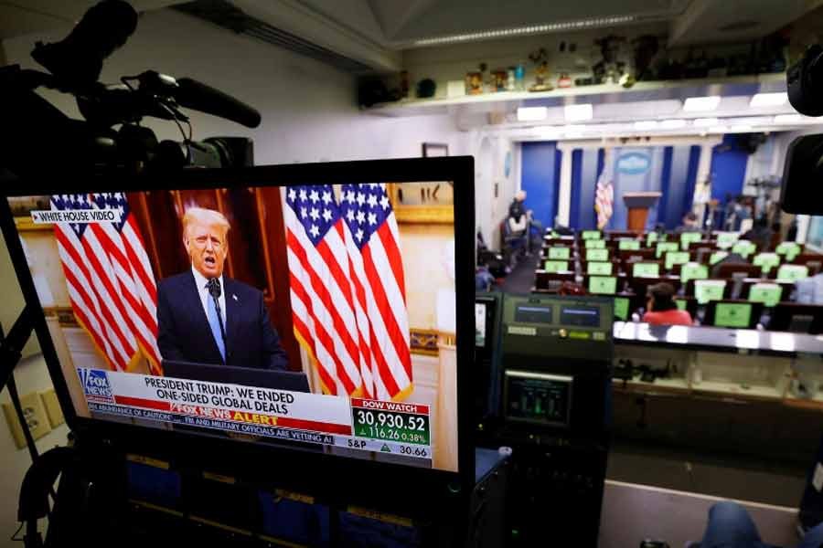 US President Donald Trump making remarks from the White House Briefing Room during his last day in office on Tuesday –Reuters Photo