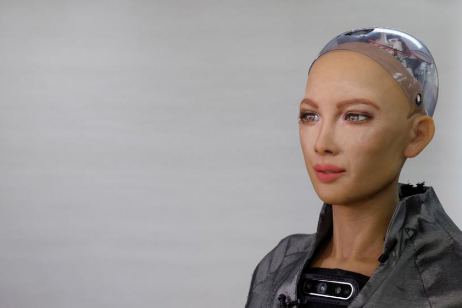 Humanoid robot Sophia developed by Hanson Robotics makes a facial expression at the company's lab in Hong Kong, China, January 12, 2021 — Reuters