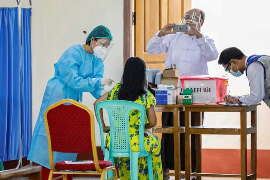 A medical worker receiving AstraZeneca's COVISHIELD coronavirus disease (COVID-19) vaccine in Myanmar on Wednesday –Reuters Photo