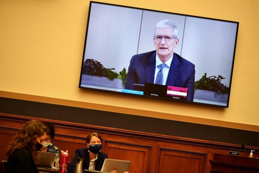 Apple CEO Tim Cook testifies before the House Judiciary Subcommittee on Antitrust, Commercial and Administrative Law on "Online Platforms and Market Power", in the Rayburn House office Building on Capitol Hill, in Washington, US on July 29, 2020 — Pool via Reuters/Files