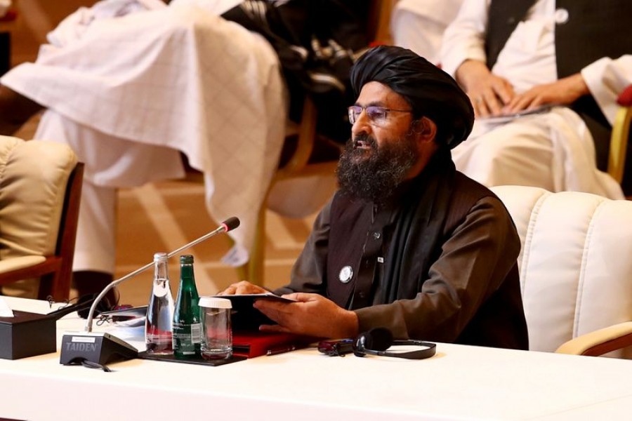 Mullah Abdul Ghani Baradar, the leader of the Taliban delegation, speaks during talks between the Afghan government and Taliban insurgents in Doha, Qatar September 12, 2020. REUTERS