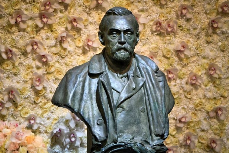 A bronze bust of Alfred Nobel is pictured before the Nobel Prize ceremony at Stockholm Concert Hall, in Stockholm, Sweden on December 10, 2019 — TT News Agency via REUTERS