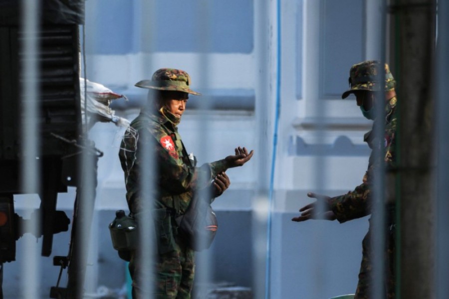 Myanmar soldiers are seen inside City Hall in Yangon, Myanmar on February 1, 2021 — Reuters/Stringer