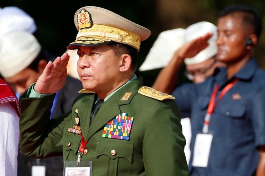 Myanmar's military Commander in Chief Senior General Min Aung Hlaing salutes as he attends an event marking the 72nd anniversary of Martyrs' Day at the Martyrs' Mausoleum dedicated to the fallen independence heroes, in Yangon, Myanmar, July 19, 2019 — Reuters/Files