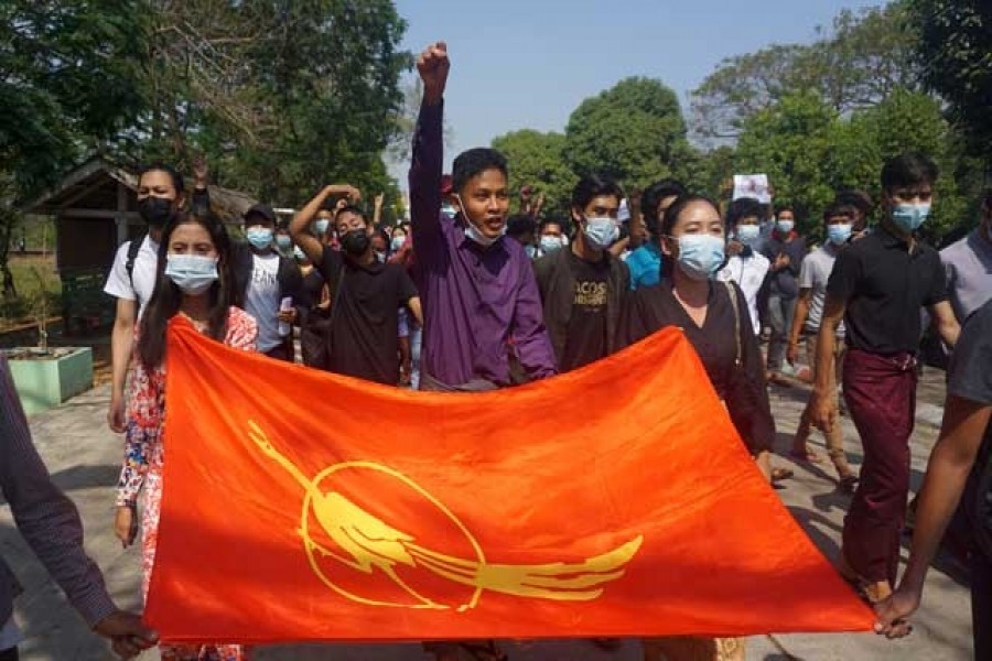 Students from Dagon University take part in a demonstration against the military coup in Yangon, Myanmar, February 5, 2021. Reuters