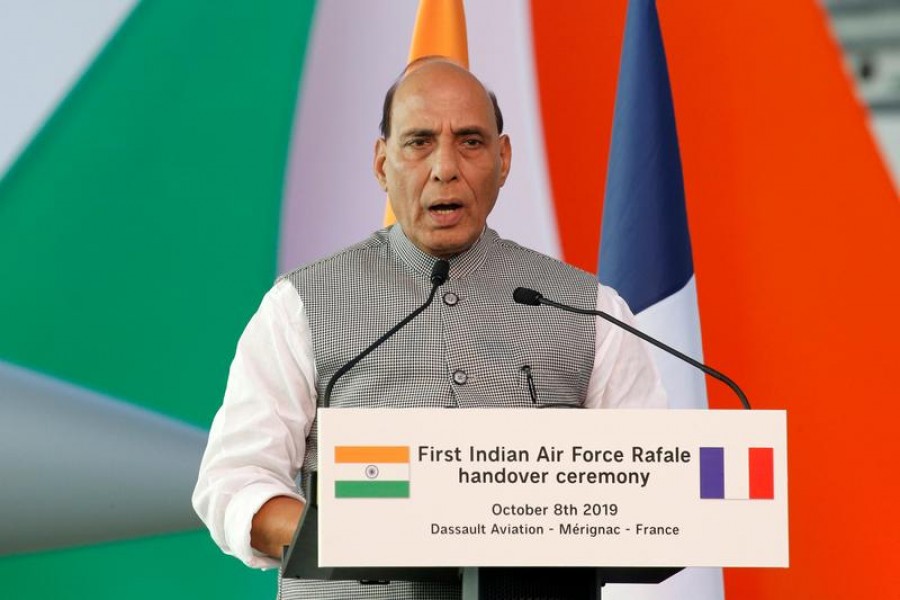 FILE PHOTO: India's Defence Minister Rajnath Singh delivers a speech during a ceremony for the delivery of the first Rafale fighter to the Indian Air Force at the factory of French aircraft manufacturer Dassault Aviation in Merignac near Bordeaux, France, October 8, 2019. REUTERS/Regis Duvignau
