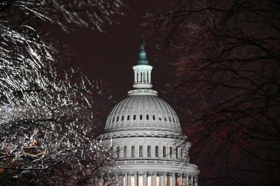 The US Capitol is seen through ice-covered tree branches after the Senate voted to acquit former US President Donald Trump during his impeachment trial, in Washington, US, February 13, 2021. REUTERS/Erin Scott