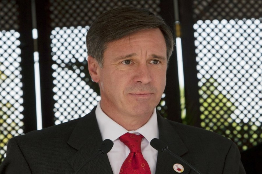 In this Dec. 19, 2012, file photo, Marriott CEO Arne Sorenson speaks during a groundbreaking ceremony for a Marriott hotel in Port-au-Prince, Haiti. Sorenson, who grew the company into the world’s largest hotel chain and later steered it through the coronavirus pandemic, has died, Tuesday, Feb. 16, 2021.  (AP Photo/Dieu Nalio Chery, File)