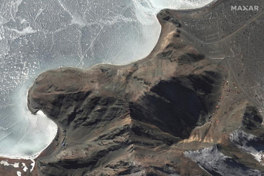 FILE PHOTO: Overview of deployments along areas known as Finger 7 and Finger 8, at Pangong Tso, in this handout satellite image provided by Maxar dated January 30, 2021. Satellite image (copyright) 2021 Maxar Technologies/Handout via REUTERS