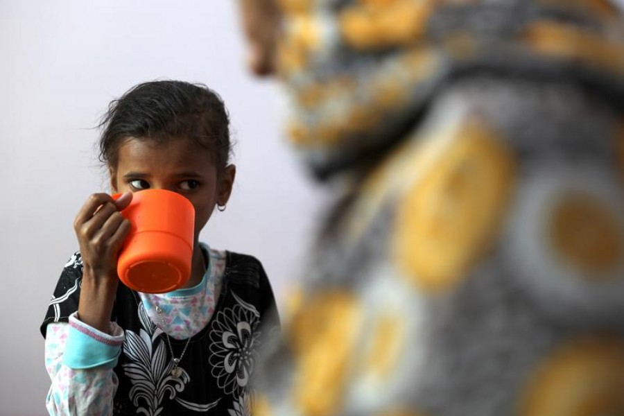 Ahmadiya Juaidi, 13, drinks a supplemental nutrition shake at malnutrition treatment ward of al-Sabeen hospital in Sanaa, Yemen on February 24, 2021 — Reuters photo