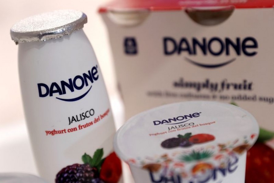Danone products displayed before the French food group's 2019 annual results presentation in Paris, France, February 26, 2020 — Reuters/Files