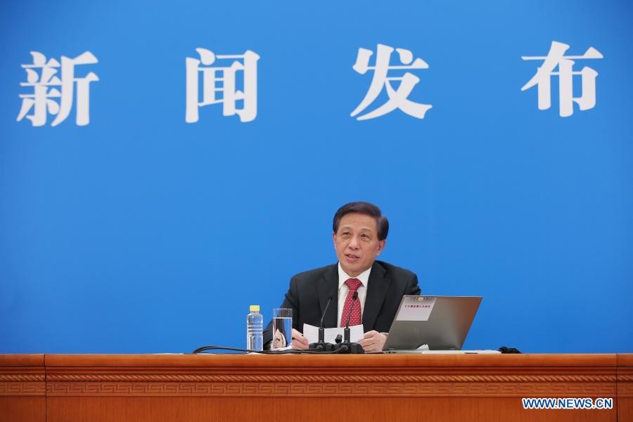 Zhang Yesui, spokesperson for the fourth session of the 13th National People's Congress (NPC), attends a press conference via video link in Beijing, capital of China, March 4, 2021 — Xinhua