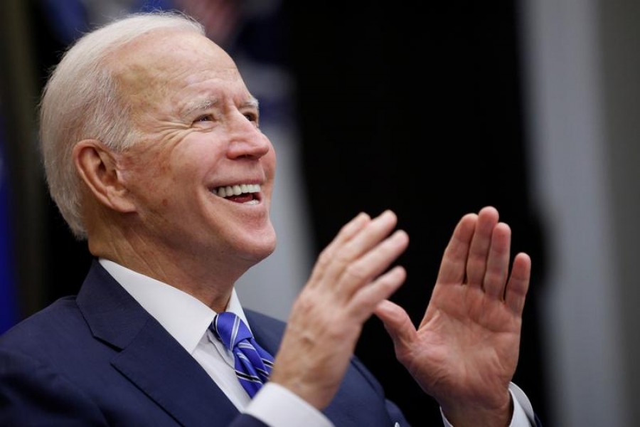 US President Joe Biden gestures while congratulating the NASA JPL Perseverance team on the successful Mars landing, inside the Roosevelt Room at the White House in Washington, US, March 4, 2021 — Reuters