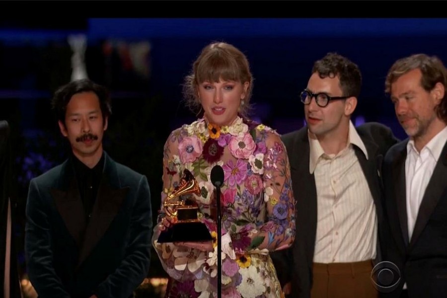 Taylor Swift wins the Grammy for Album of the Year for "Folklore" in this screen grab taken from video of the 63rd Annual Grammy Awards in Los Angeles, California, U.S., March 14, 2021. CBS/Handout via REUTERS