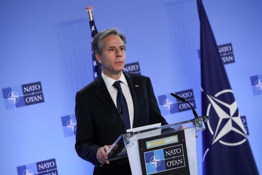 US Secretary of State Antony Blinken delivers remarks during a NATO Foreign Ministers' meeting at the Alliance's headquarters in Brussels, Belgium, March 23, 2021 — Reuters